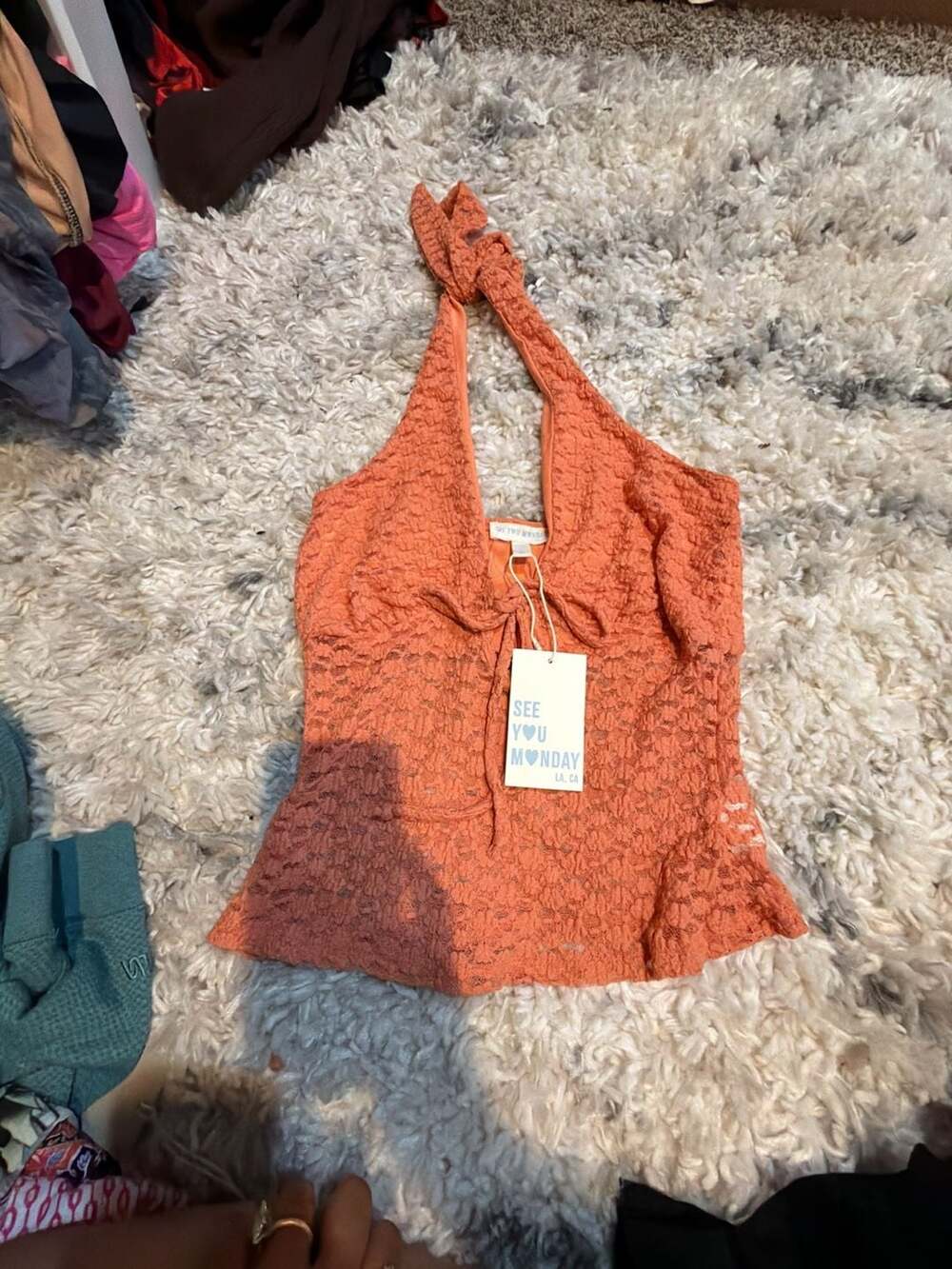 See You Monday LA CA Orange Textured Halter Top with Tie Front